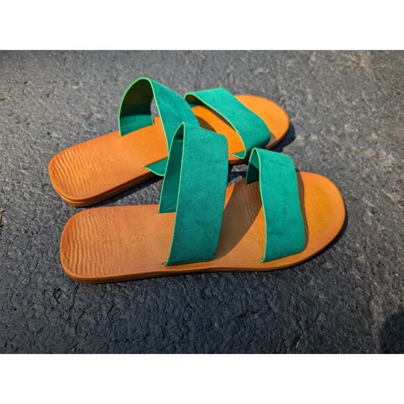 Bamboo Womens Moondance 19 Flat Slip On Sandals Slides Sz 8 38 Green Tan Coastal - Picture 4 of 6